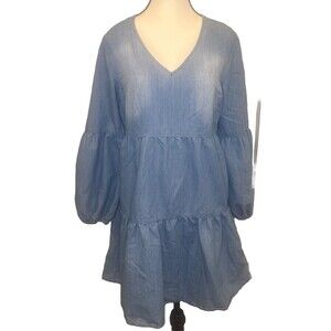 Given Kale Medium Wash Blue Tiered 3/4 Sleeve Dress Prairie Cottage Core Sz S